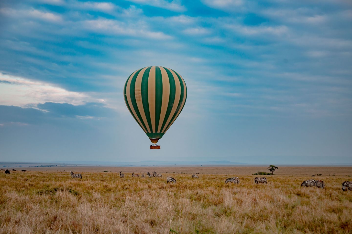 A hot air balloon under a wide sky above grassland at dawn