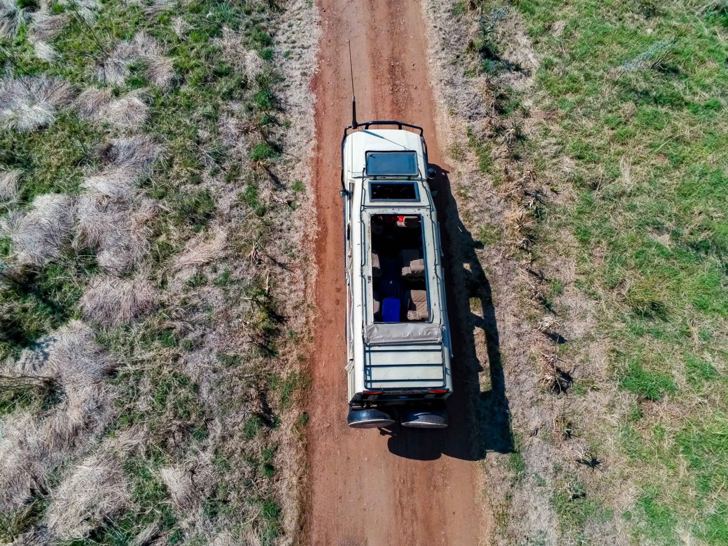 A safari vehicle on a dirt track, seen from directly overhead